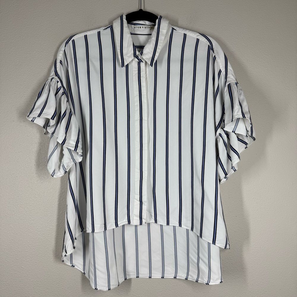 Alice + Olivia Edyth Striped Ruffle Top Button Front Blouse Oversized Medium